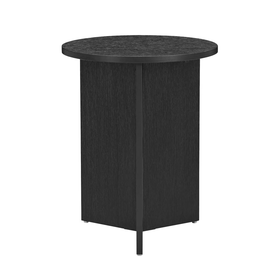 Black side table with round top on a white background