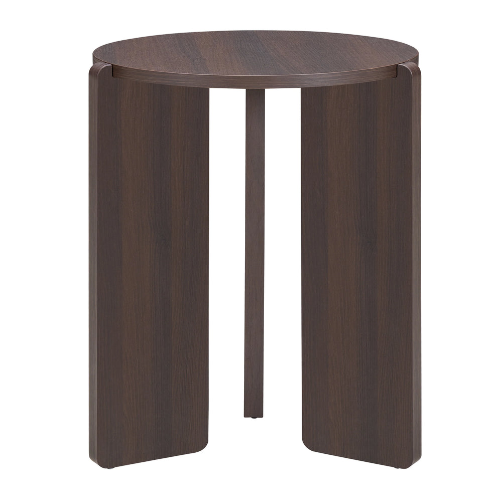 Wooden side table with a round top on a white background