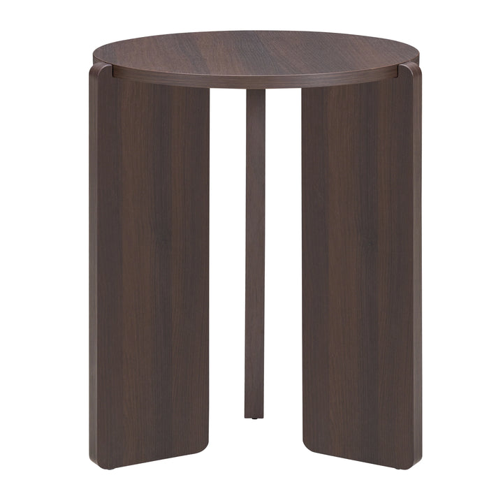 Wooden side table with a round top on a white background