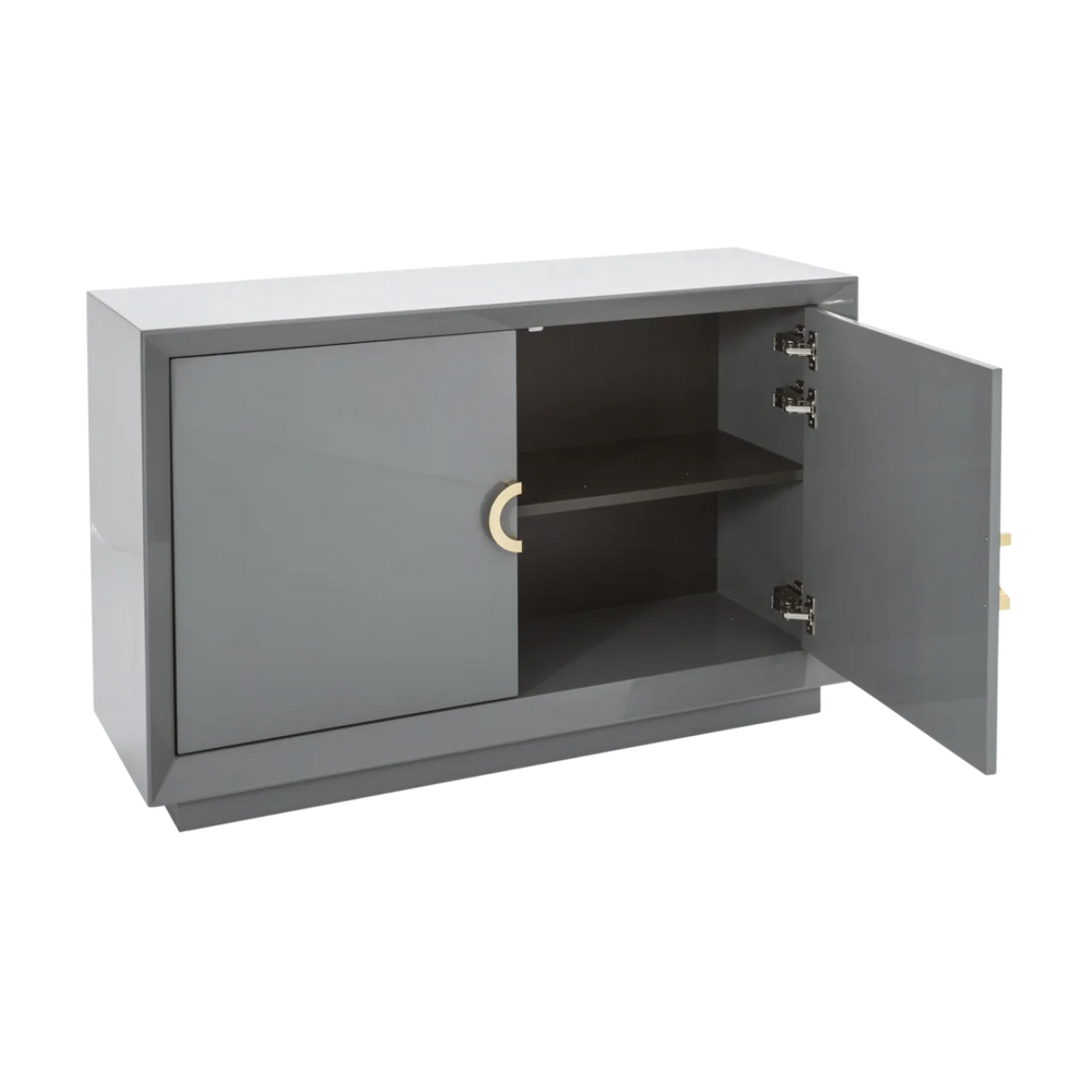 Gray storage cabinet with open doors on a white background