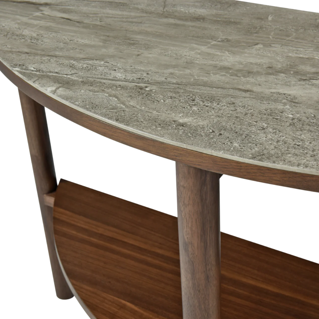 Willow Walnut Brown Wood & Grey Marble Curved Console Table