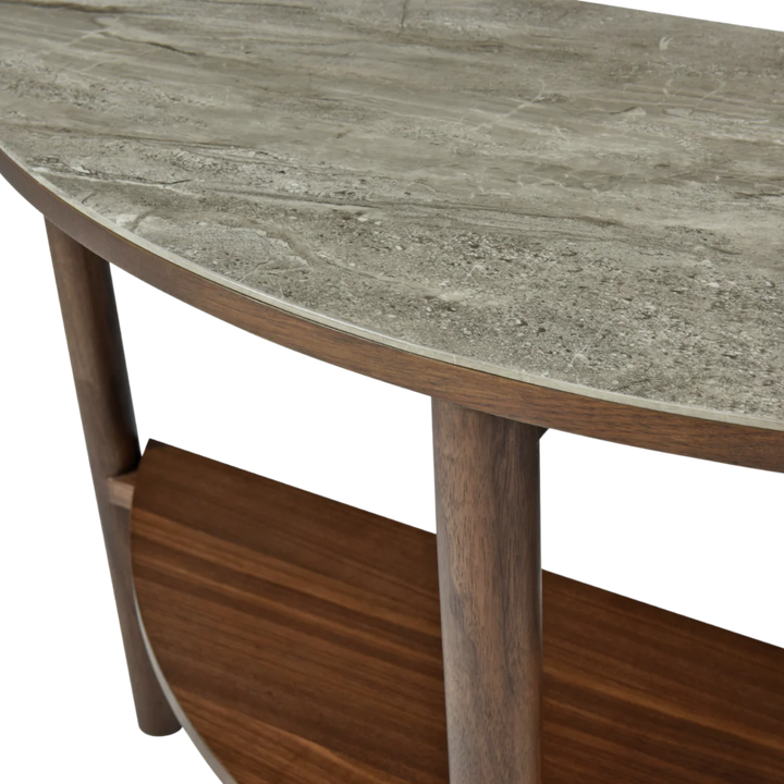 Willow Walnut Brown Wood & Grey Marble Curved Console Table