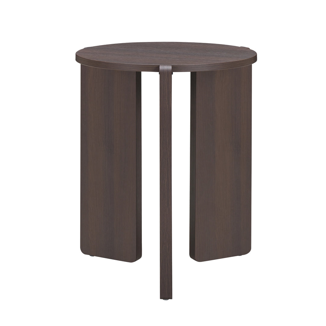 Round wooden table with a dark brown finish on a white background