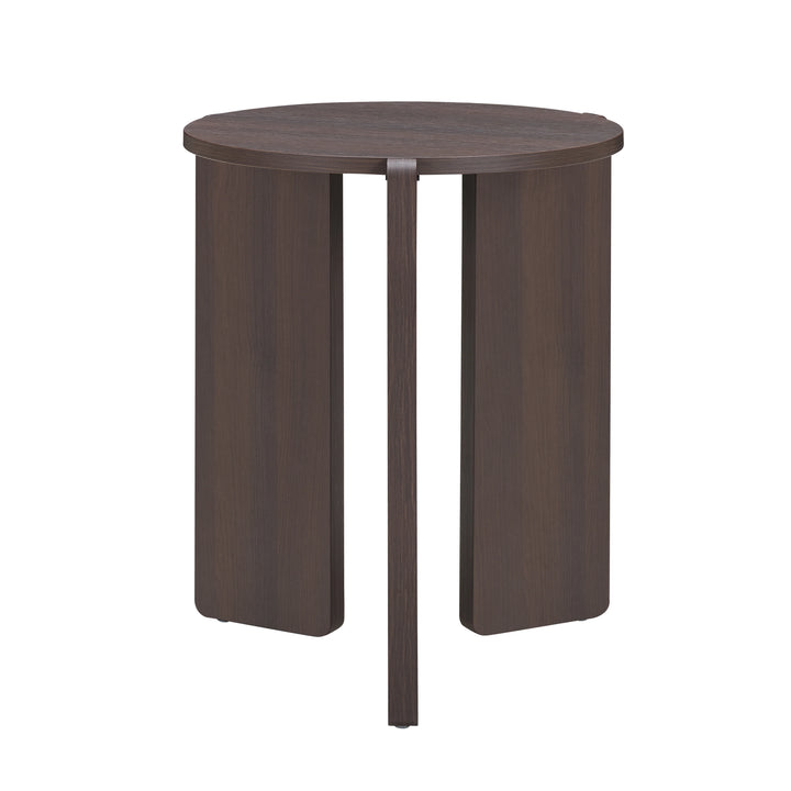 Round wooden table with a dark brown finish on a white background