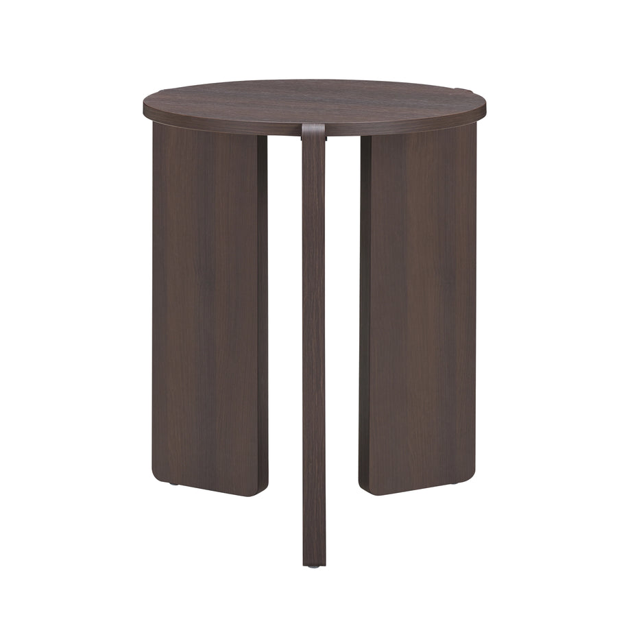 Round wooden table with a dark brown finish on a white background