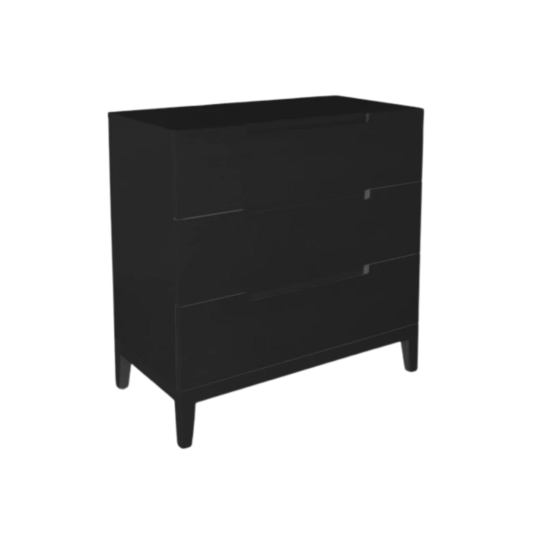 Black dresser with three drawers on a white background