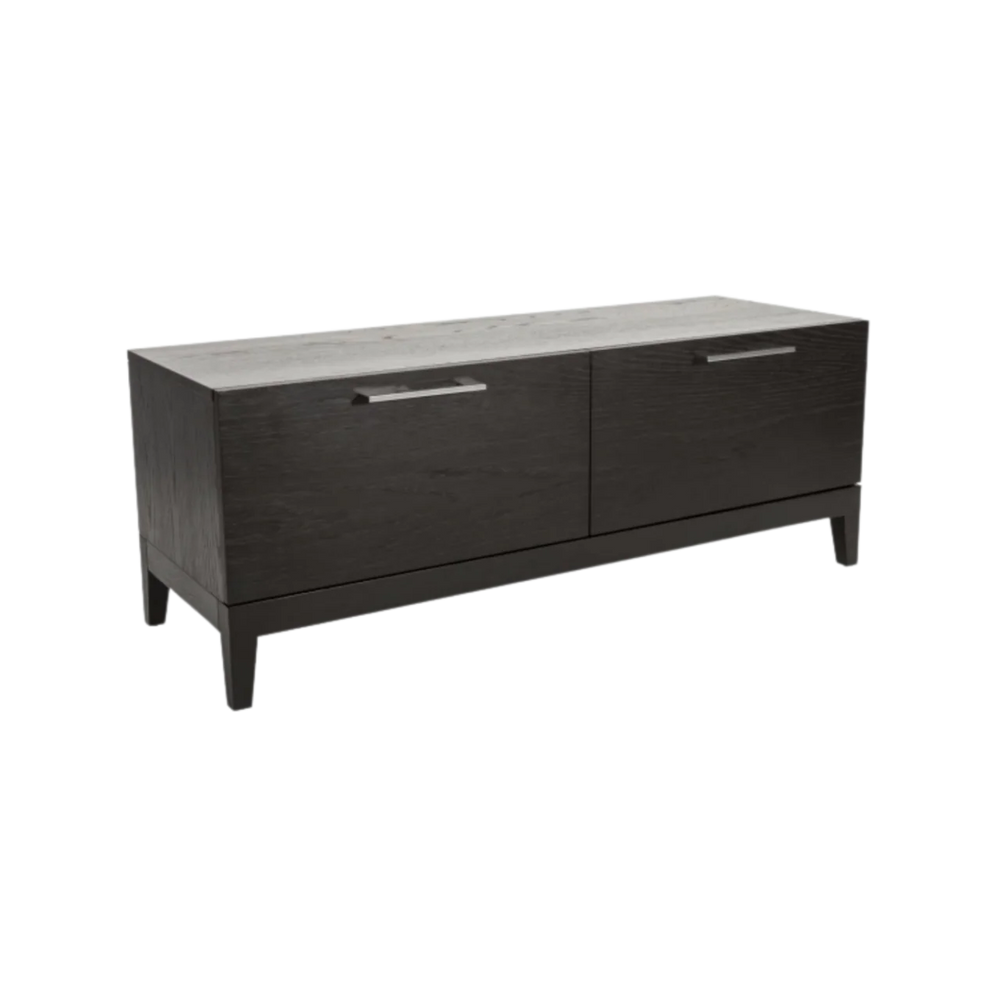 Dark wood sideboard with two doors on a white background