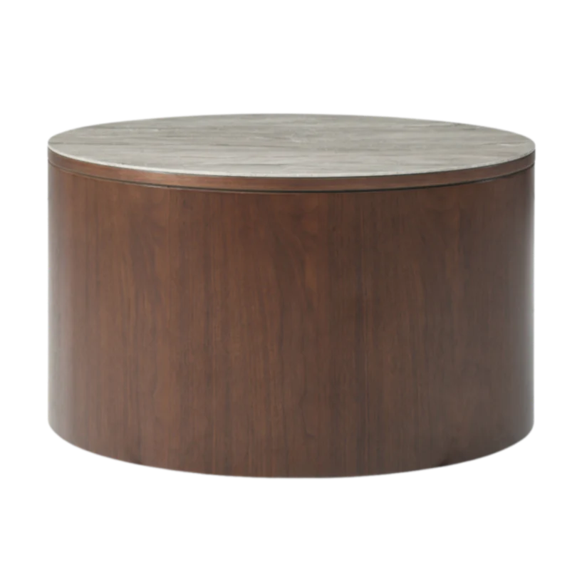Round wooden coffee table with a light-colored top on a white background