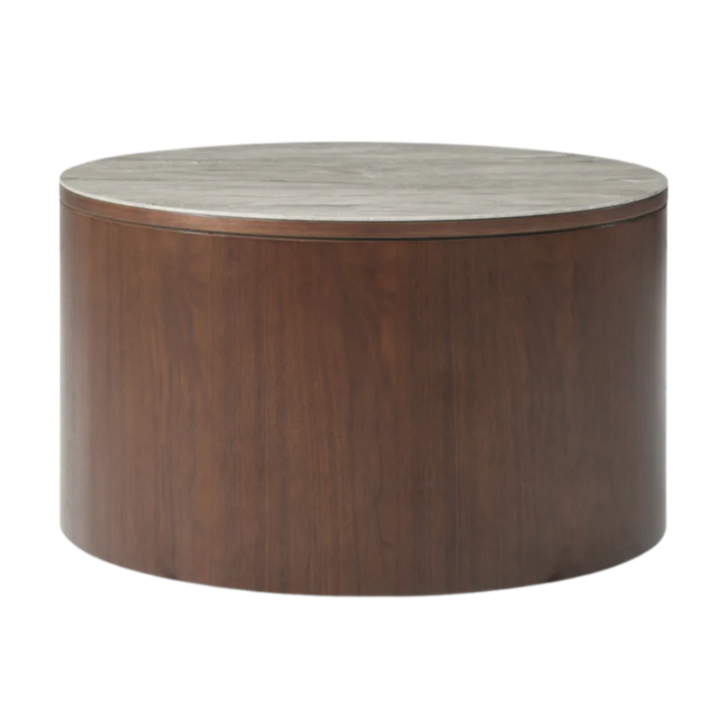 Round wooden coffee table with a light-colored top on a white background