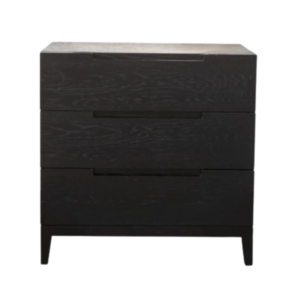 Black dresser with three drawers on a white background