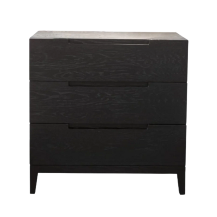 Black dresser with three drawers on a white background