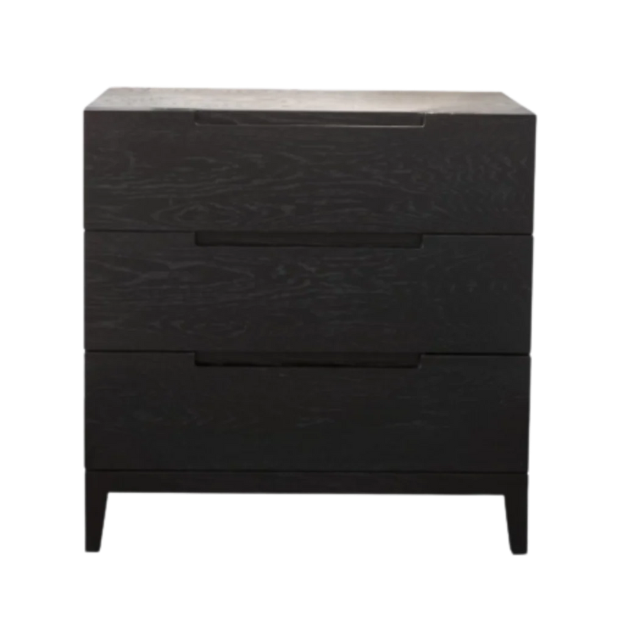 Black dresser with three drawers on a white background