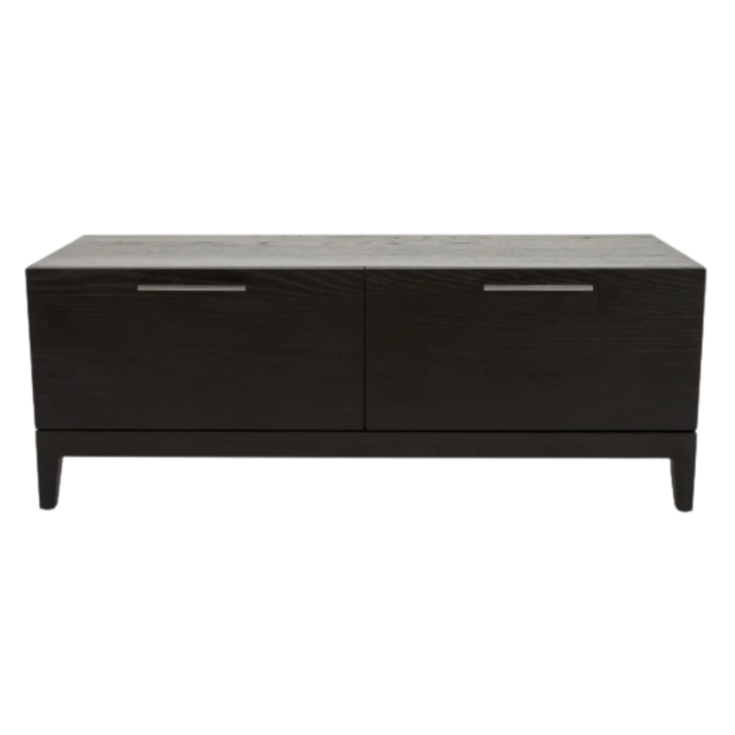 Black rectangular object with two horizontal slats on a white background