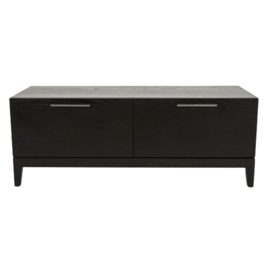 Black rectangular object with two horizontal slats on a white background