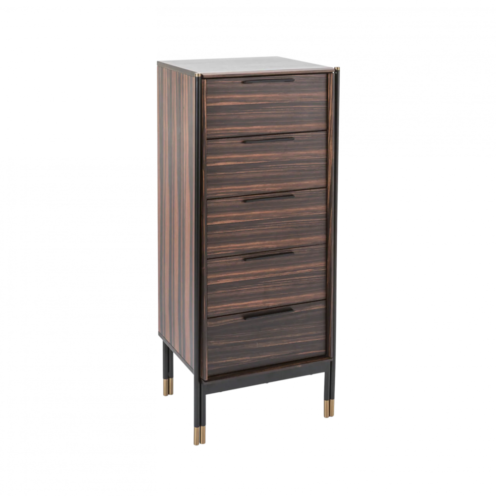 Wooden cabinet with four drawers on a white background