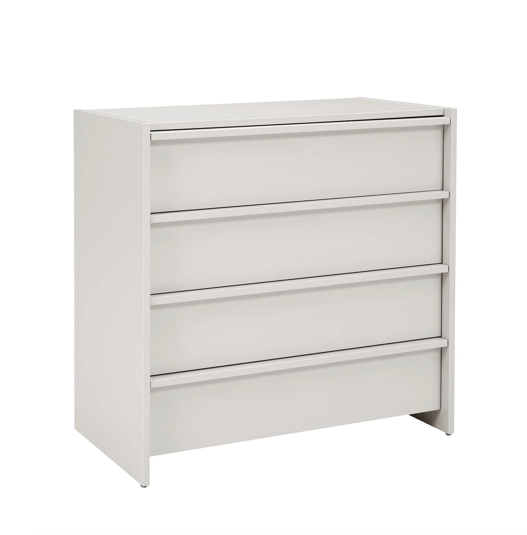 White dresser with three drawers on a white background