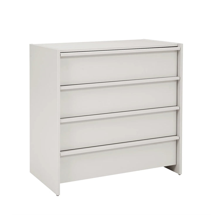 White dresser with three drawers on a white background