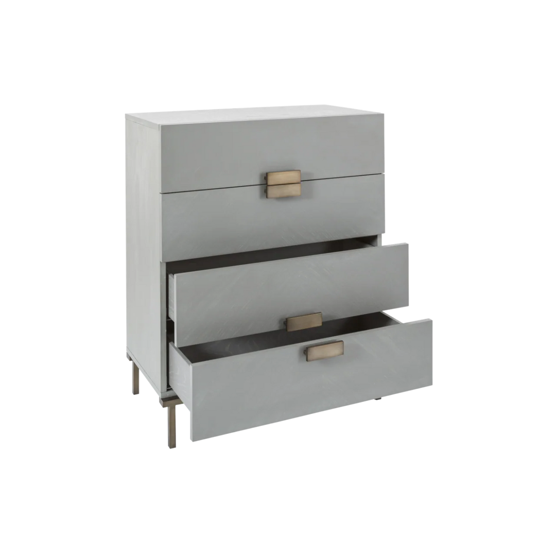 Gray dresser with three drawers on a white background