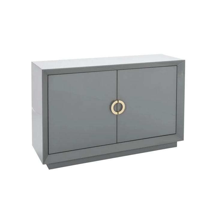 Gray cabinet with a gold handle on a white background