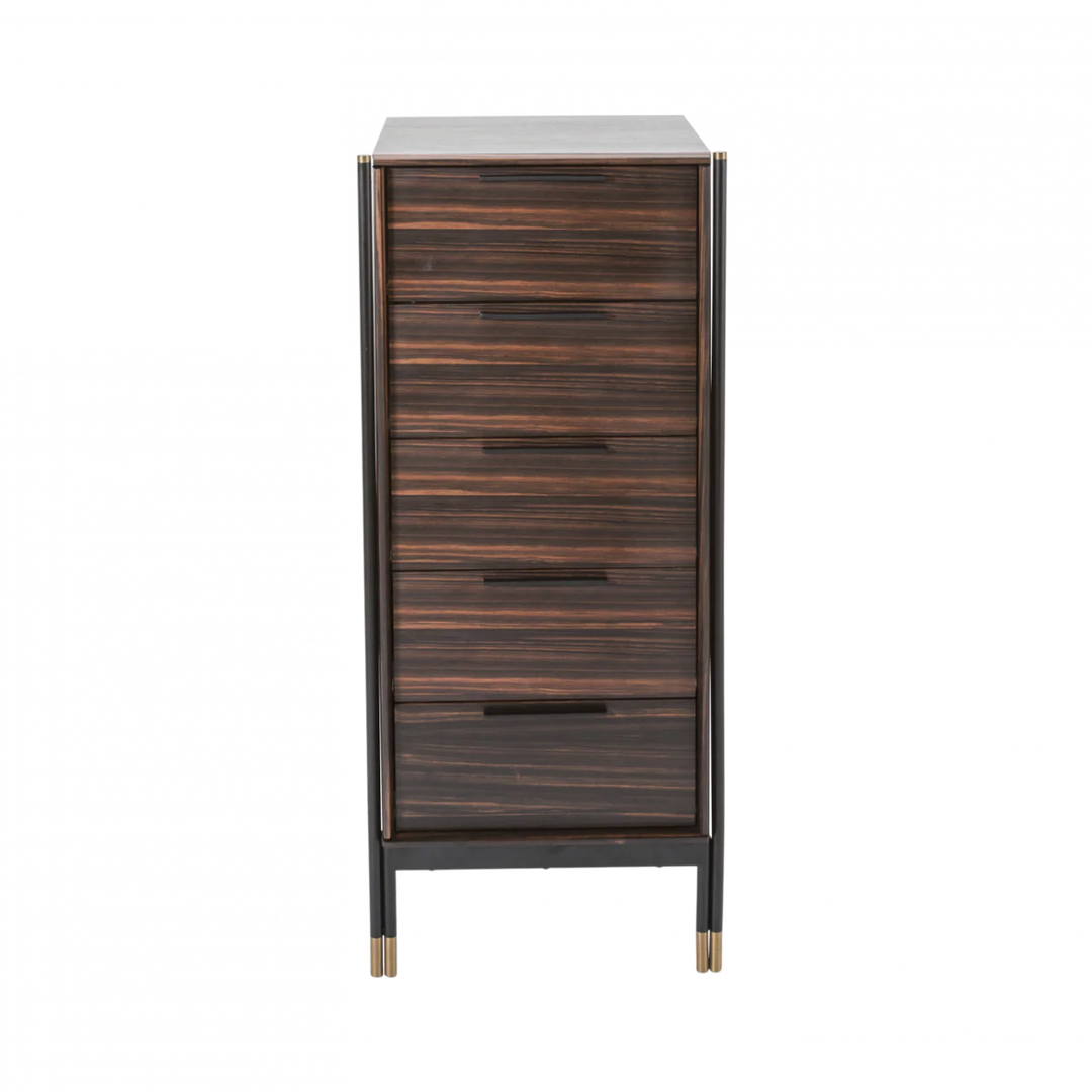 Wooden cabinet with metal accents on a white background