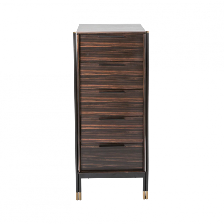 Wooden cabinet with metal accents on a white background