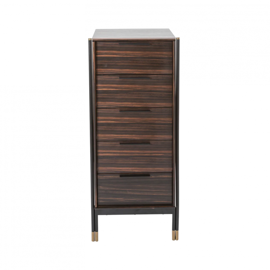 Wooden cabinet with metal accents on a white background