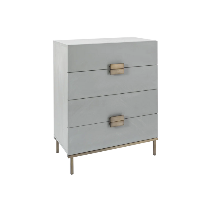 Gray dresser with gold accents on a white background