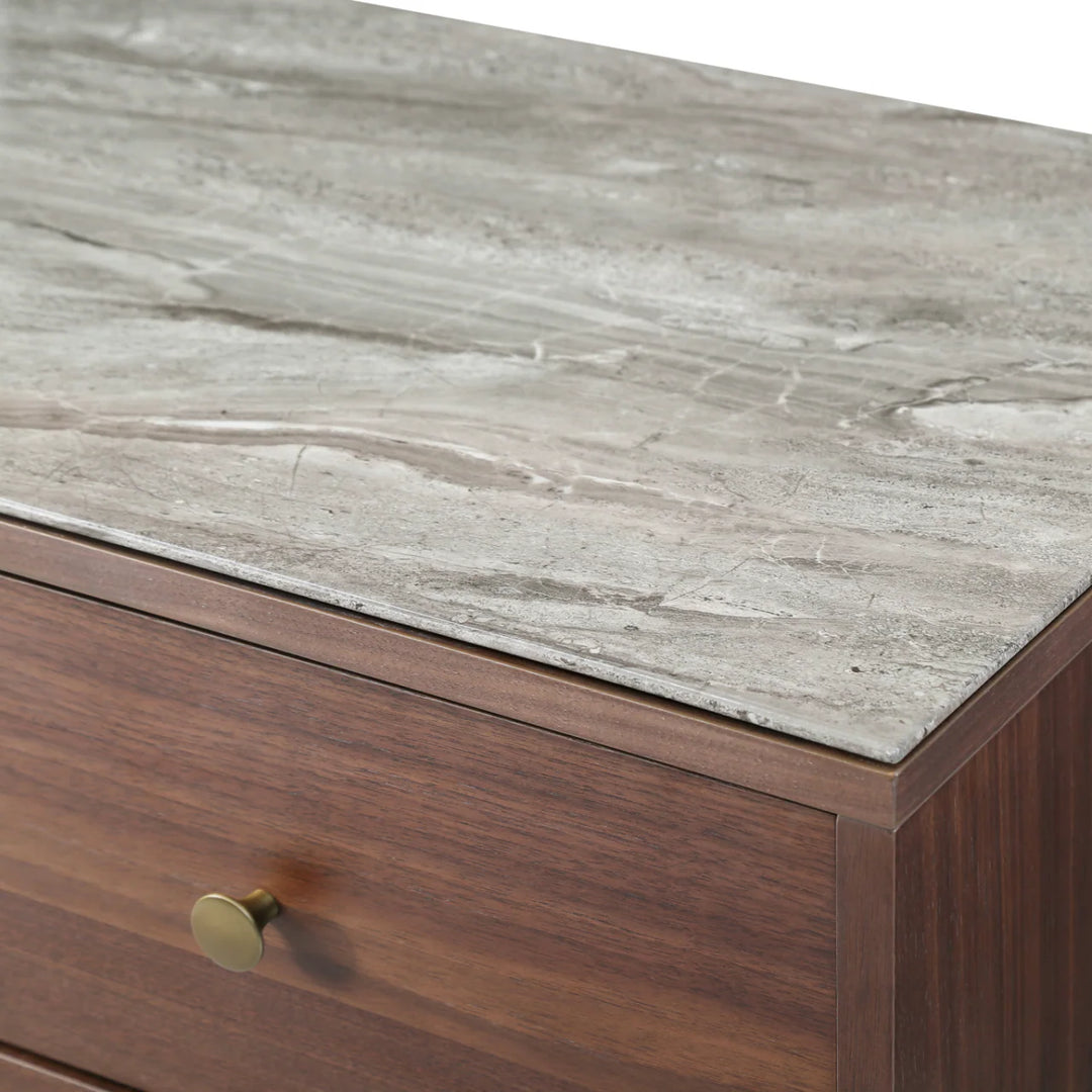 Willow Walnut Brown Wood & Grey Marble Chest of Drawers
