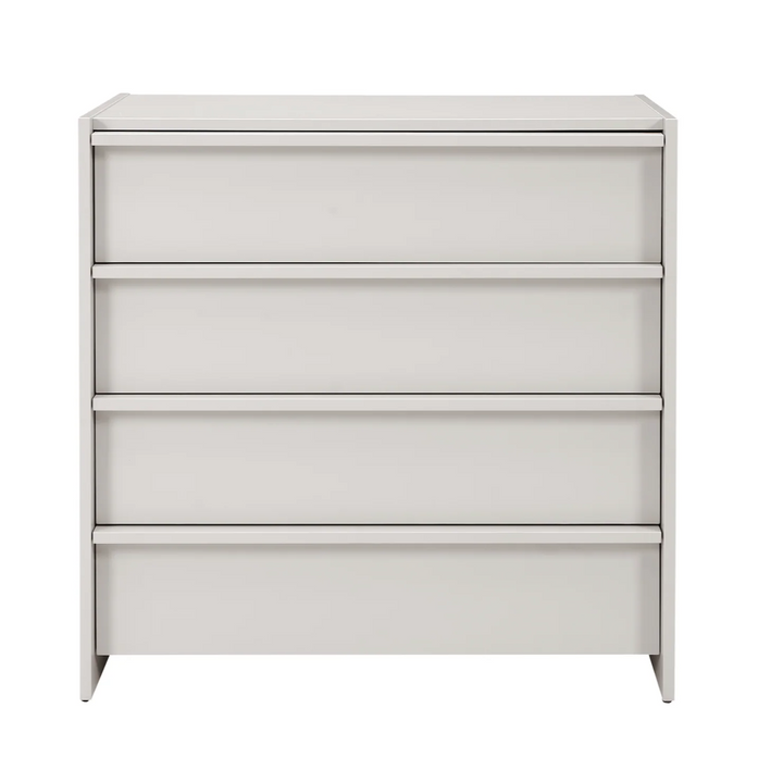 White dresser with three drawers on a white background