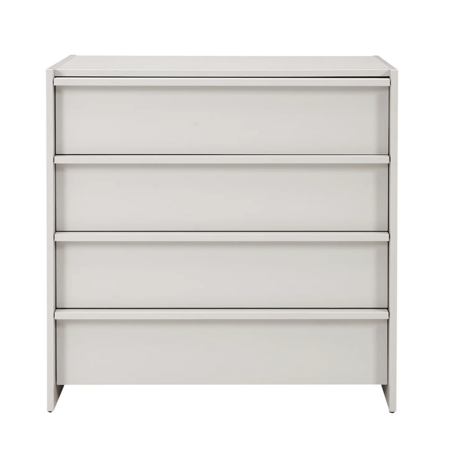 White dresser with three drawers on a white background