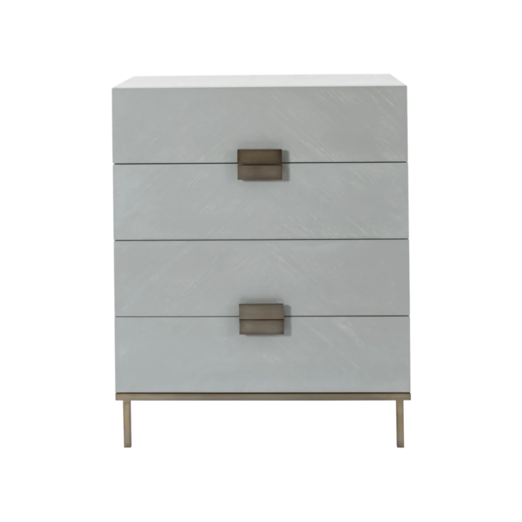 Gray dresser with bronze handles on a white background
