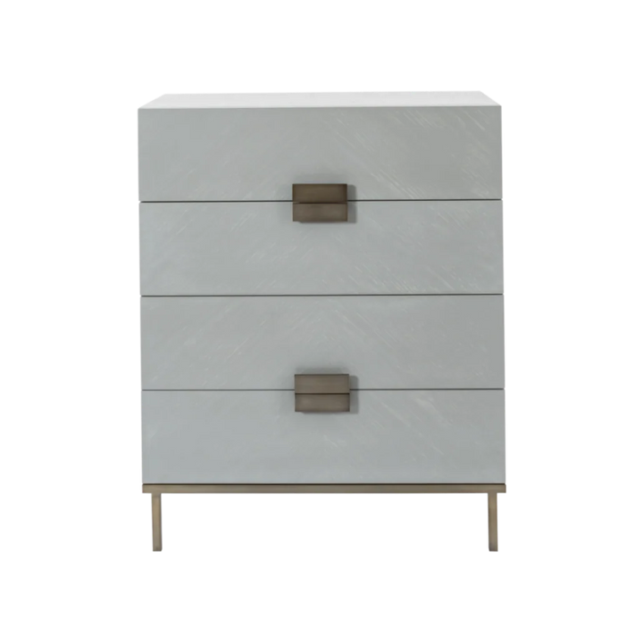 Gray dresser with bronze handles on a white background