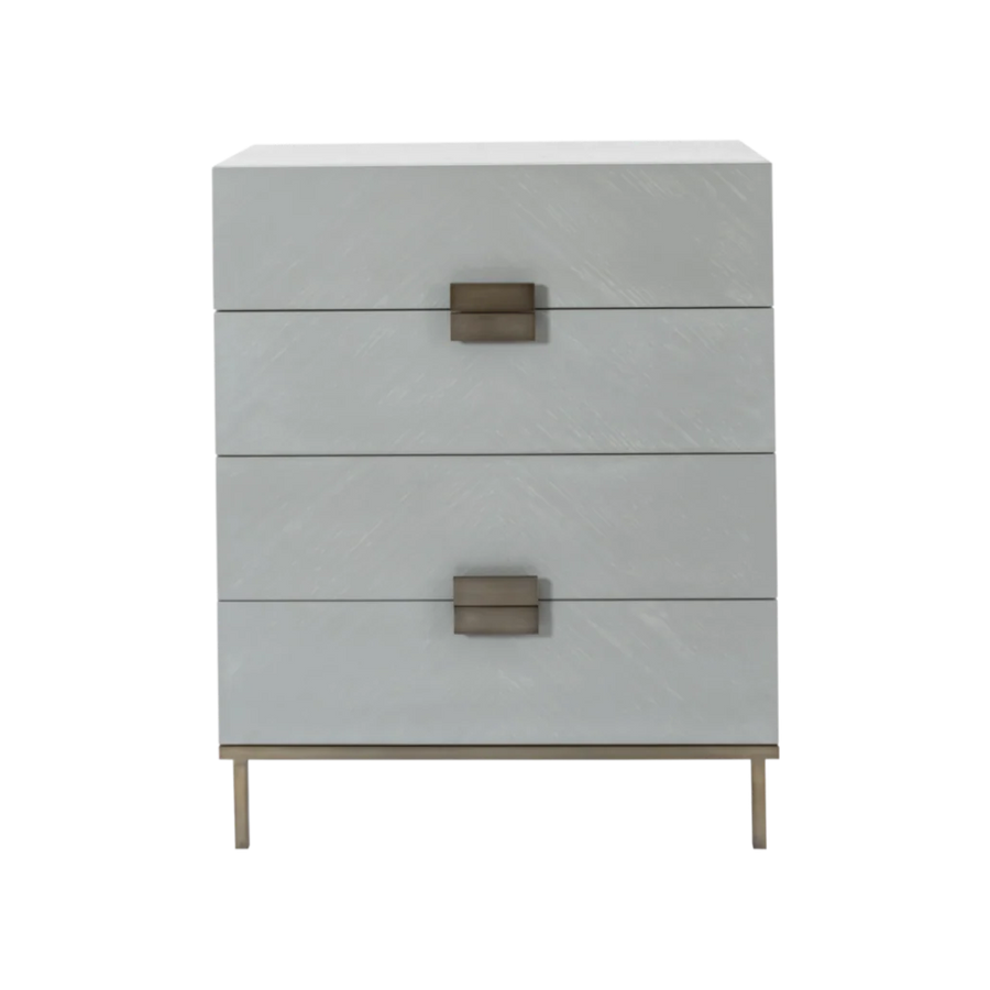 Gray dresser with bronze handles on a white background