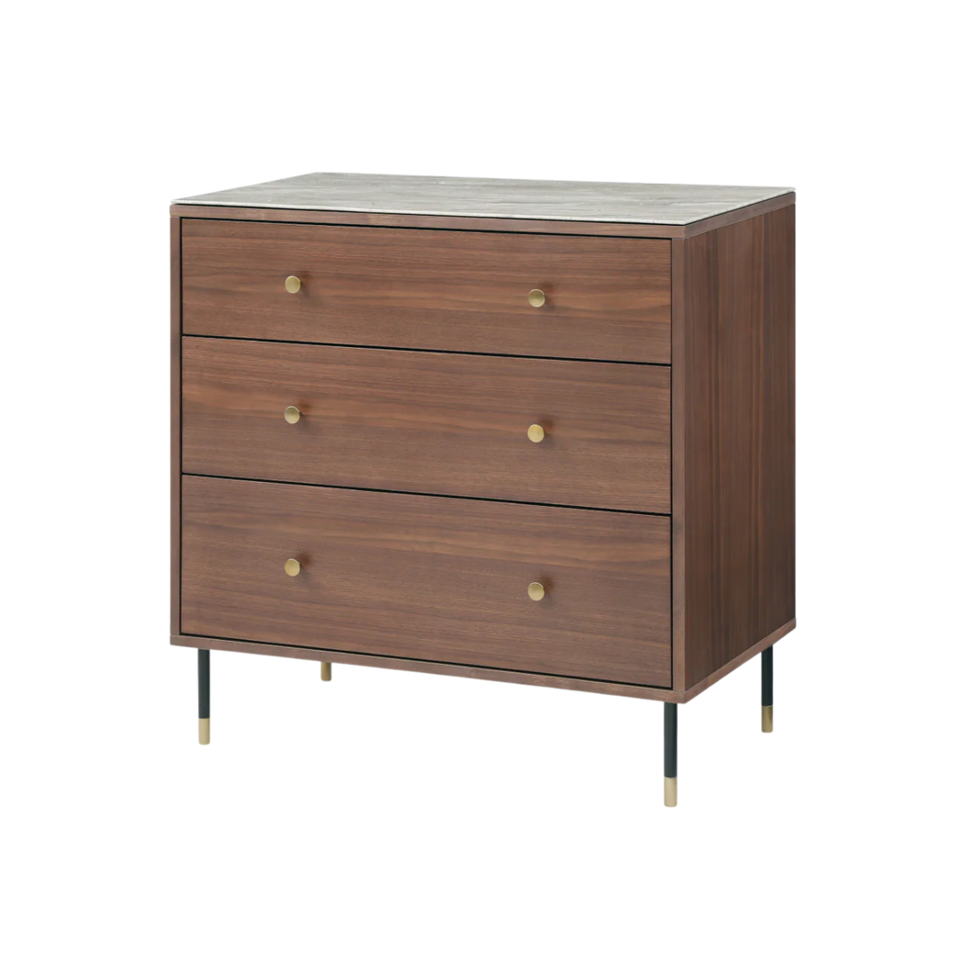 Wooden dresser with three drawers and gold handles on a white background