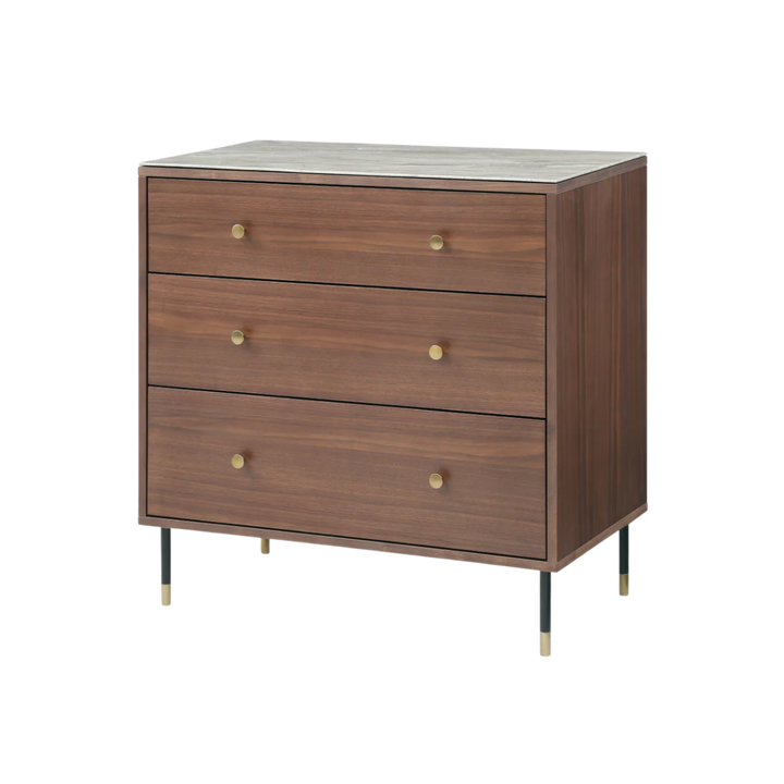 Wooden dresser with three drawers and gold handles on a white background