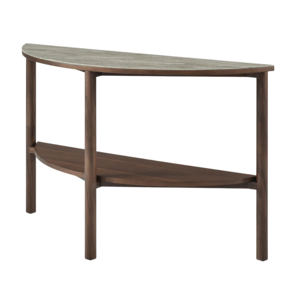 Willow Walnut Brown Wood & Grey Marble Curved Console Table