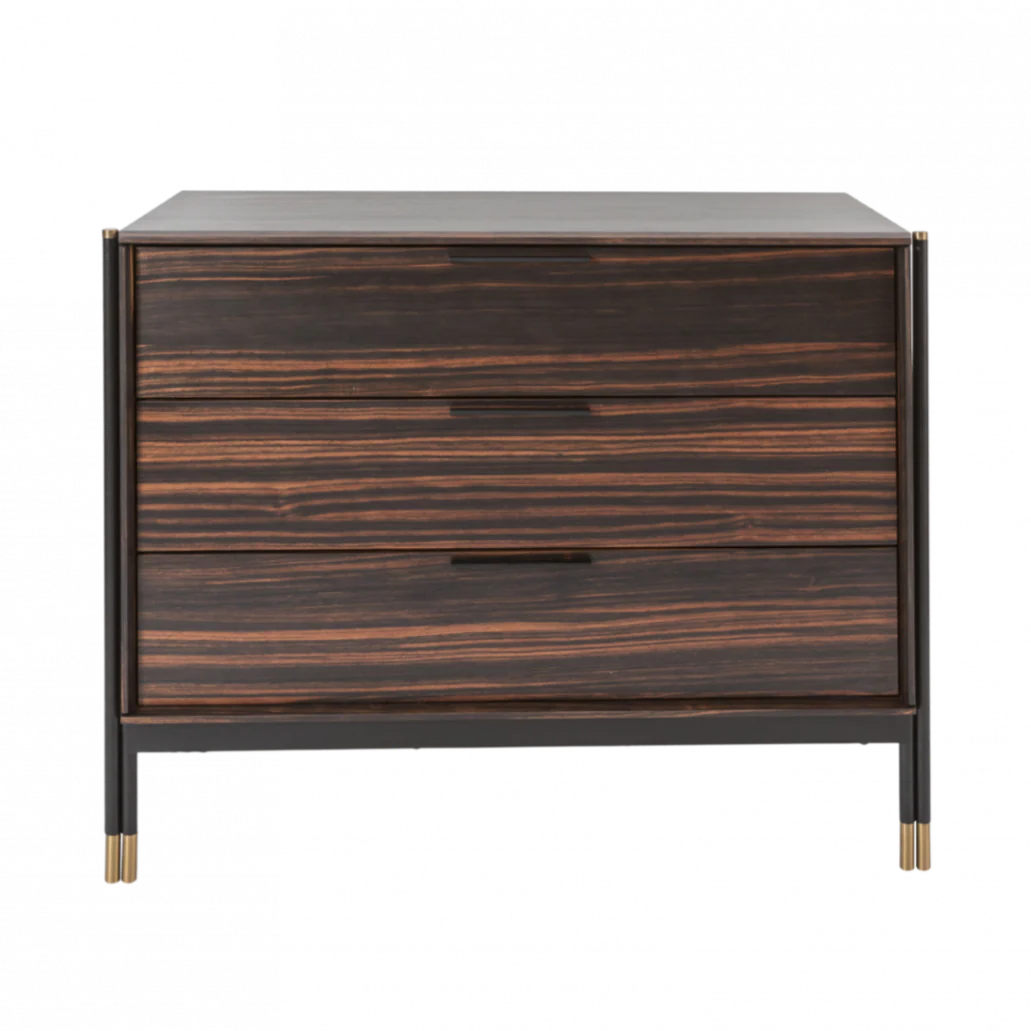 Wooden dresser with a dark finish and gold accents on a white background