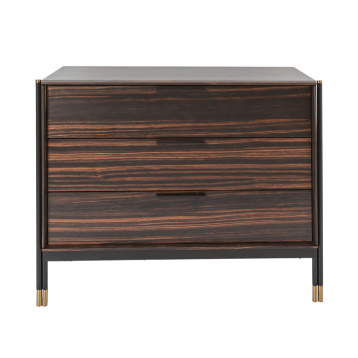 Wooden dresser with a dark finish and gold accents on a white background