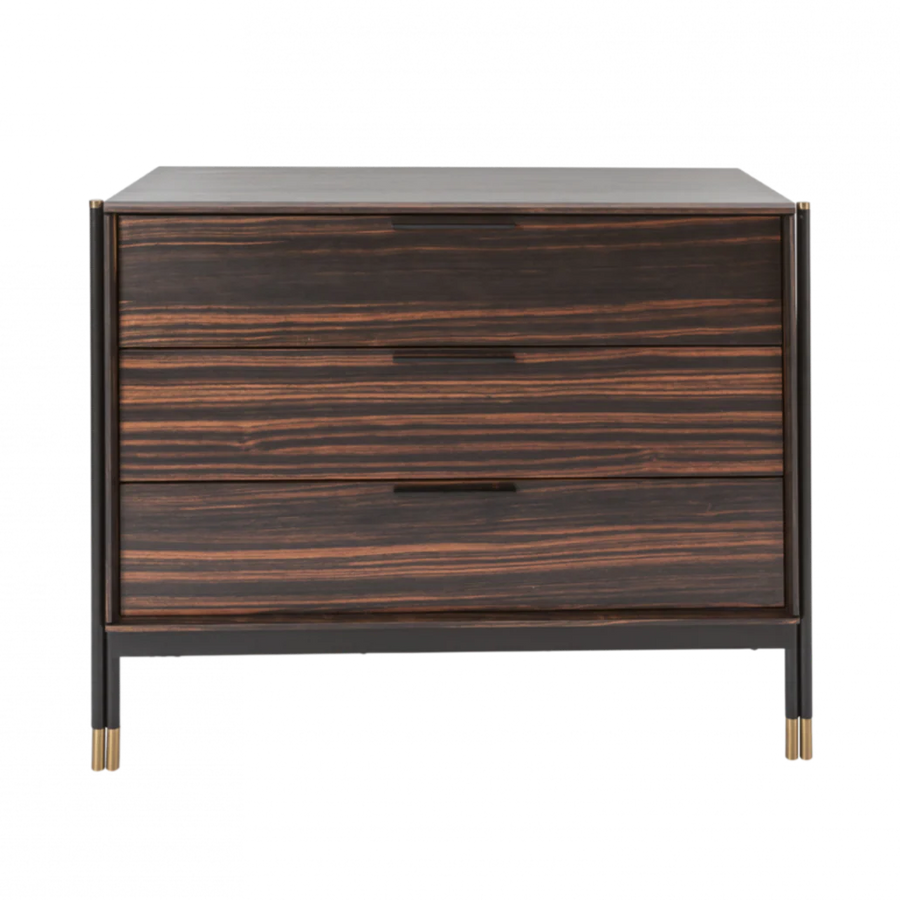 Wooden dresser with a dark finish and gold accents on a white background