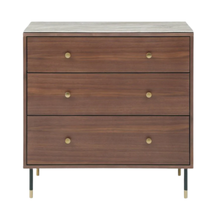 Wooden dresser with three drawers and gold knobs on a white background