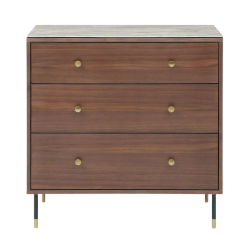 Wooden dresser with three drawers and gold knobs on a white background