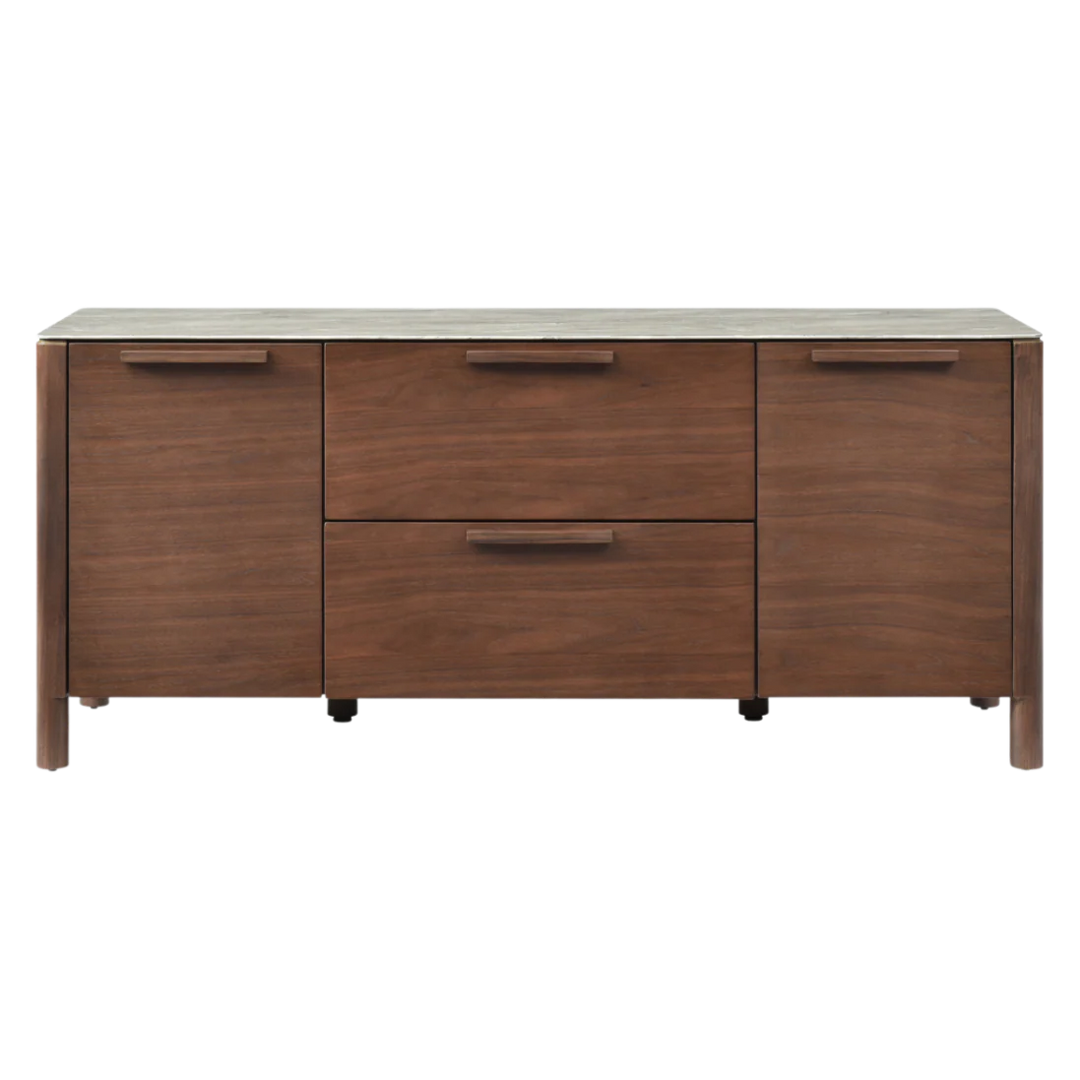 Wooden sideboard with three drawers on a white background