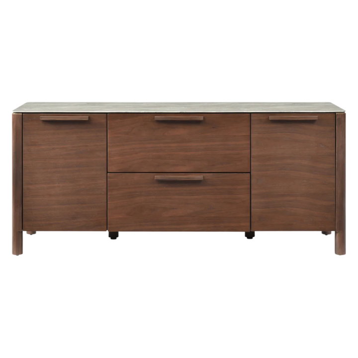Wooden sideboard with three drawers on a white background