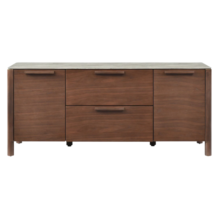 Wooden sideboard with three drawers on a white background