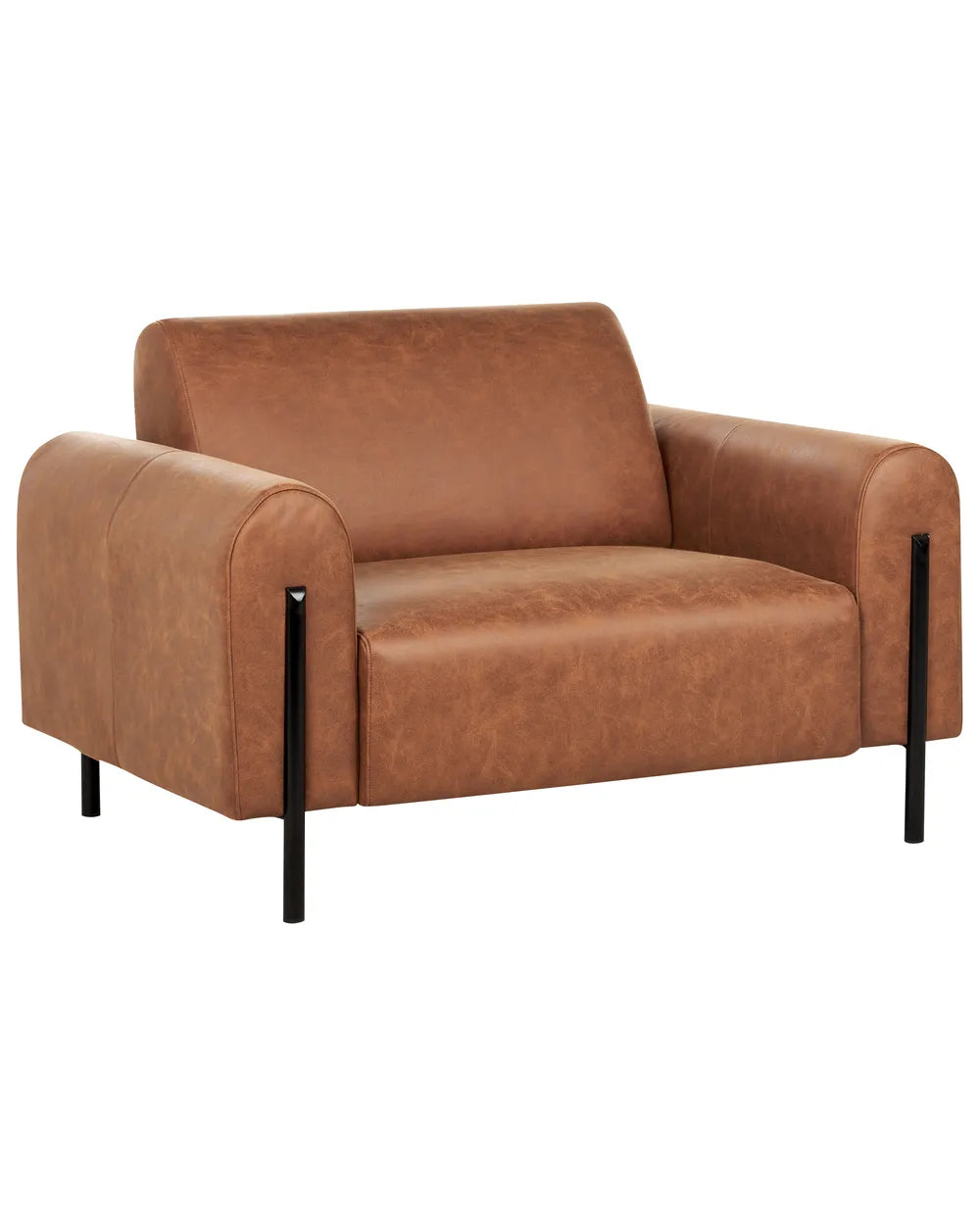 Brown leather armchair with black metal legs on a white background