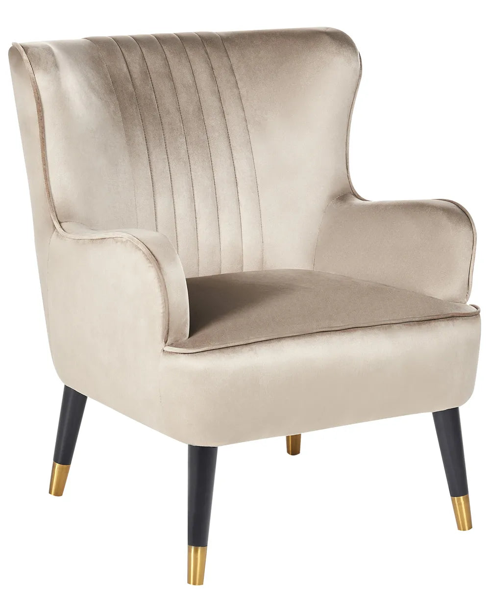 Beige armchair with black legs and gold tips on a white background