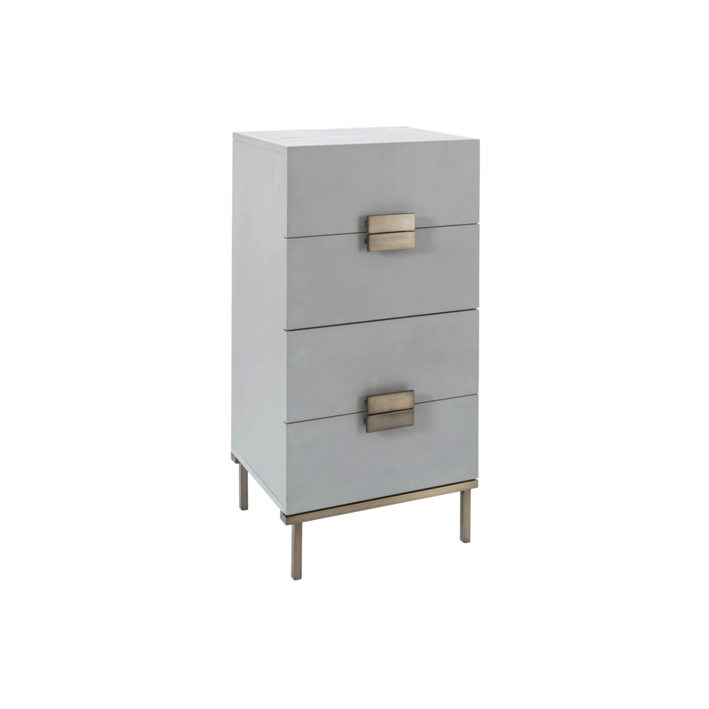Gray dresser with gold accents on a white background