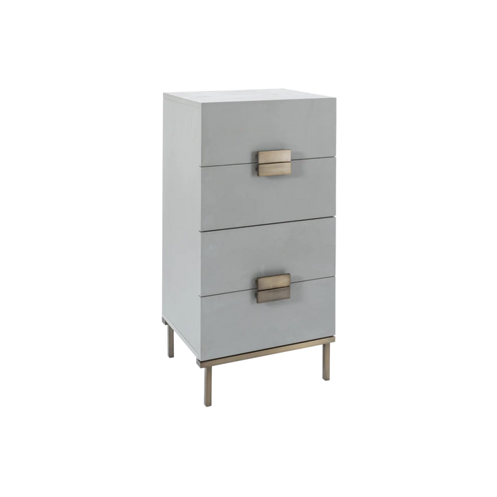 Gray dresser with gold accents on a white background