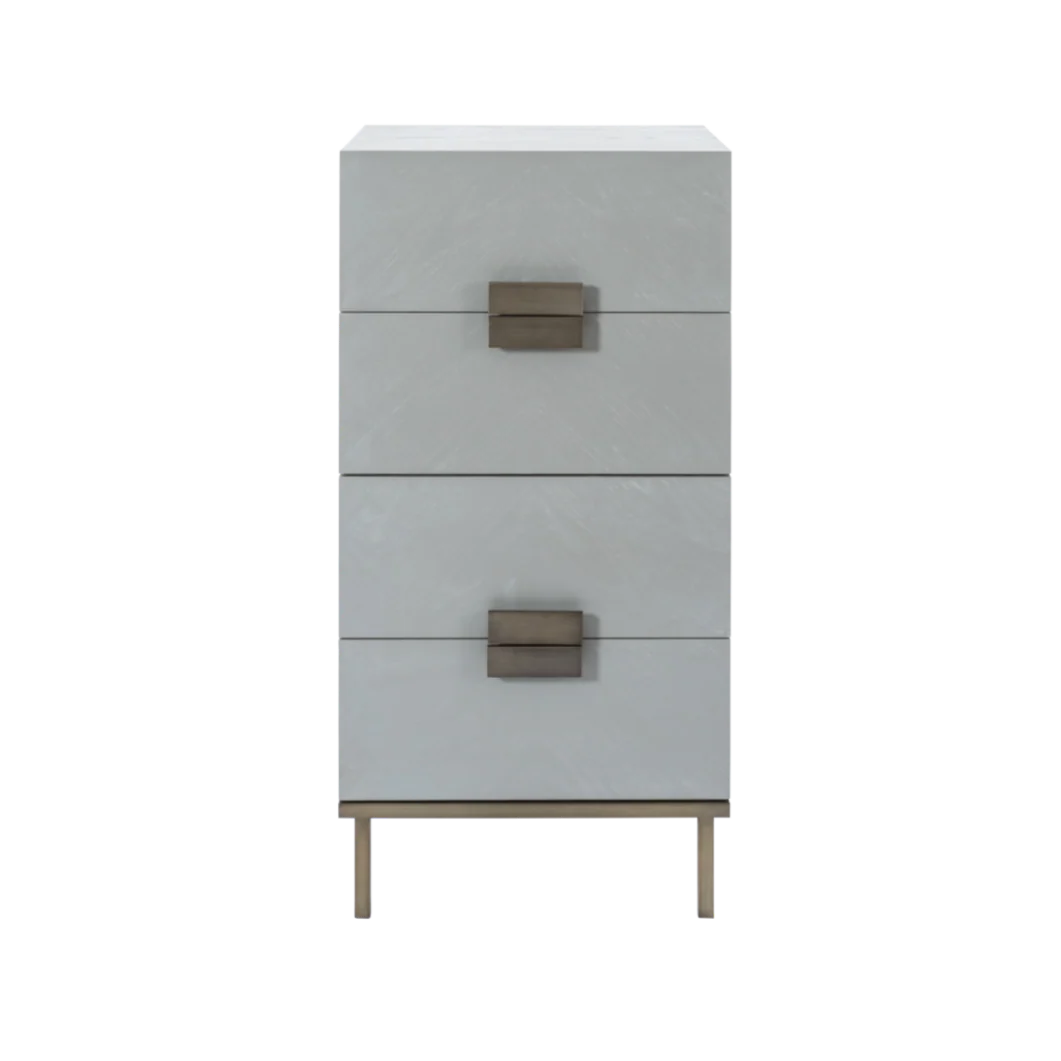 Gray dresser with two drawers and wooden handles on a white background