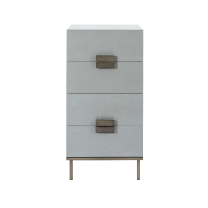 Gray dresser with two drawers and wooden handles on a white background